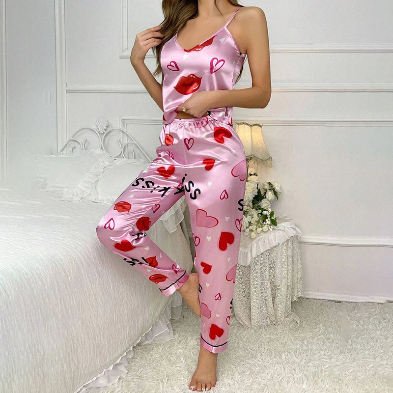 Sexy Lip Print Satin Pajama Pyjama Set V Neck Cami Tops & Elastic Pants For Valentine's Day Women Sleepwear & Loungewear 2 Piece
