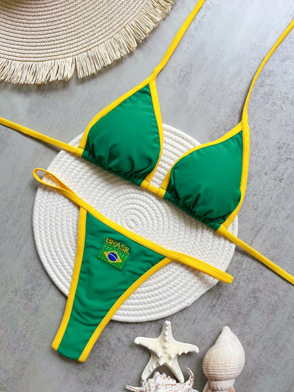 2026 Fashion Embroidery Brasil Flag Contrast Split Bikini Set Women Swimwear Patchwork Swimsuit Hottie Outfit SummerBeachwear
