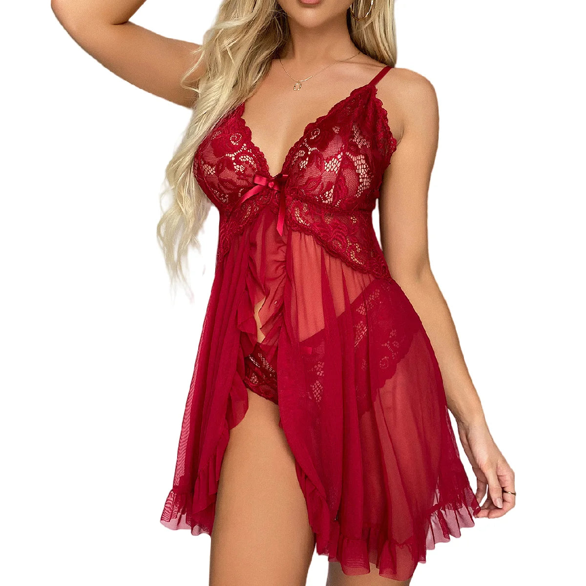 New Deep V Slip Dress Thong Bra And Brief Set Nightgown Contrast Lace Ruffle Trim Lingerie Set Women's Sexy Lingerie Underwear