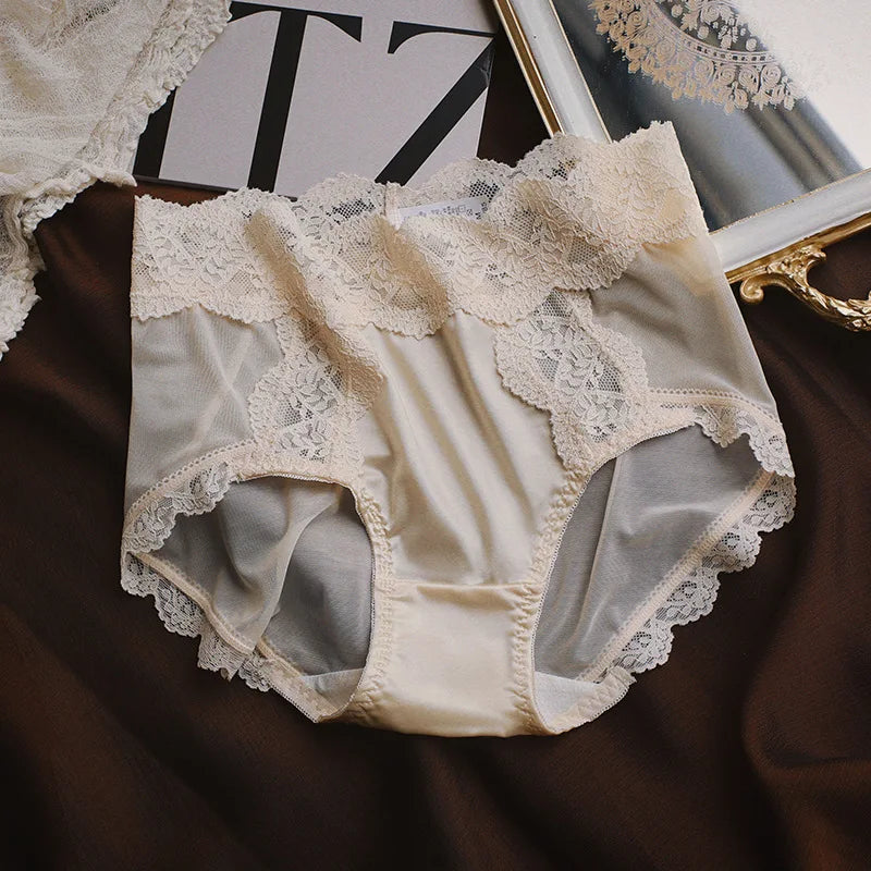 Women Luxury Lace Exquisite Sexy Mesh Transparent Satin Panties Elasticity Breathable Middle Waist Underwear Embroidery Breifs