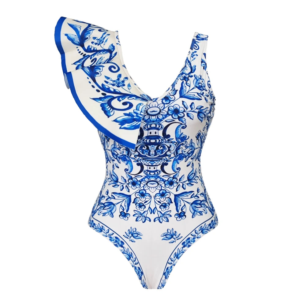 Printed Ruffle One Piece Swimsuit With Cover Up Sexy Swimwear Women Flat Belly Swim Suits Bathsuit Belt Bodysuit Beach Outing