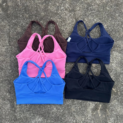 Solid Color Butter Cross Back Soft Push Up Gym Yoga Underwear Women Hollow back shoulder strap Fitness Tight sport Bra Top pad