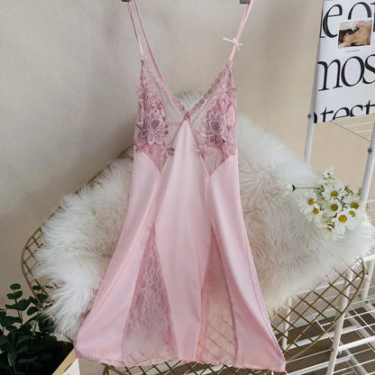 Sexy Hollow Out Lace Strap Nightgown Women Sleepwear Embroidery Flower Robe Silky Satin Nightdress Home Wear Intimate Lingerie
