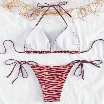 zebra striped micro bikini women halter push up bra triangle swimsuit Brazilian summer bathing suit swimwear 2024 swimming suit
