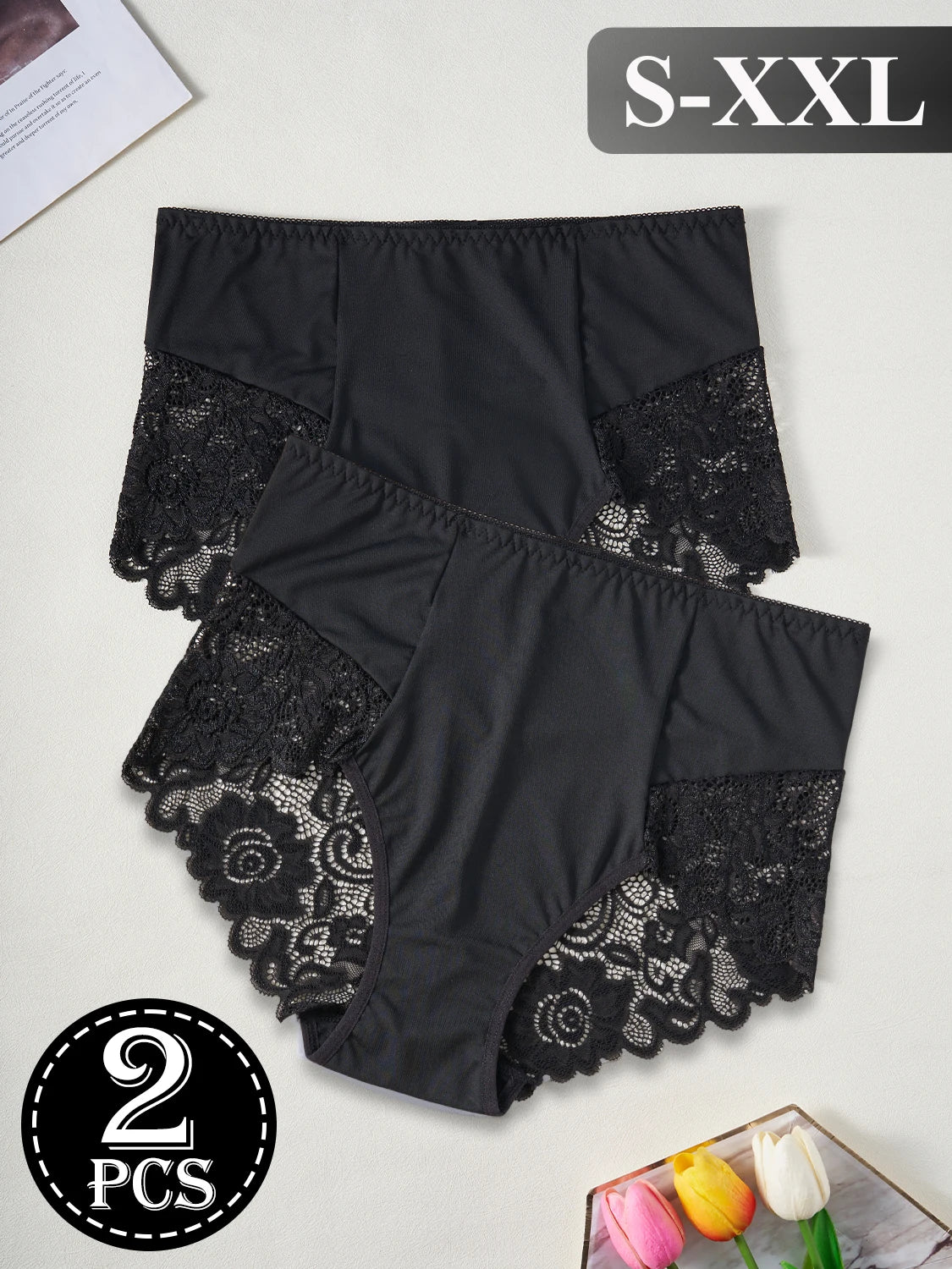 2PCS Black High Waist Women's Underwear Hollow Out Lace Floral Sexy Panties Solid Color Comfortable Briefs Lingerie S-XXL