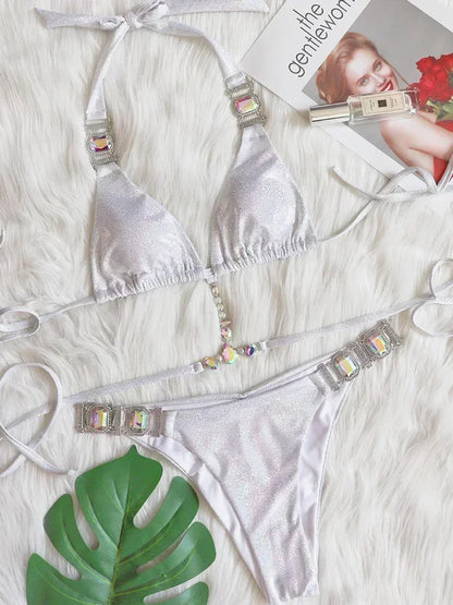2025 Shiny Rhinestone Diamond Bikini Women Swimsuit Female Swimwear Two Pieces Bikini Set Halter Metal Chains Bathing Suit Swim