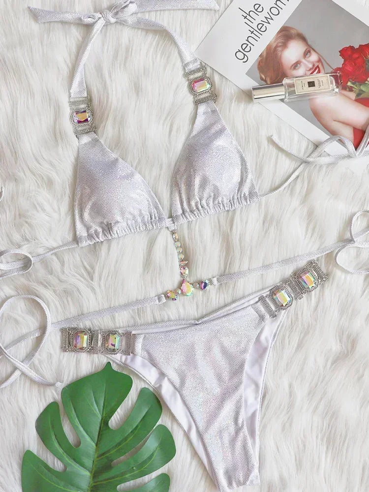 2025 Shiny Rhinestone Diamond Bikini Women Swimsuit Female Swimwear Two Pieces Bikini Set Halter Metal Chains Bathing Suit Swim