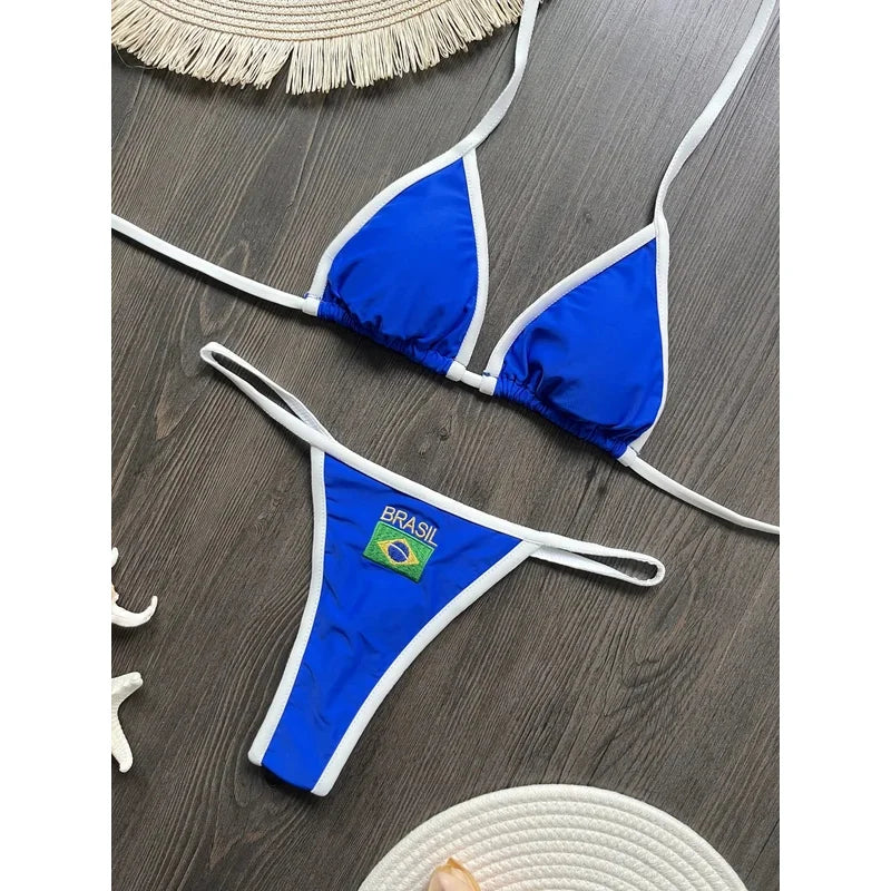 2026 Fashion Embroidery Brasil Flag Contrast Split Bikini Set Women Swimwear Patchwork Swimsuit Hottie Outfit SummerBeachwear