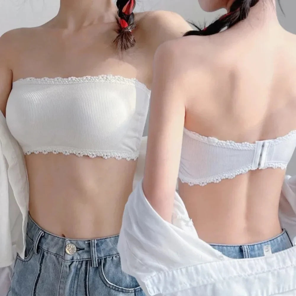 Sweet Lace Strapless Bra Non-slip Camisole for Girls Soft Invisible Beautiful Back Shockproof Vest Lingerie Versatile Underwear