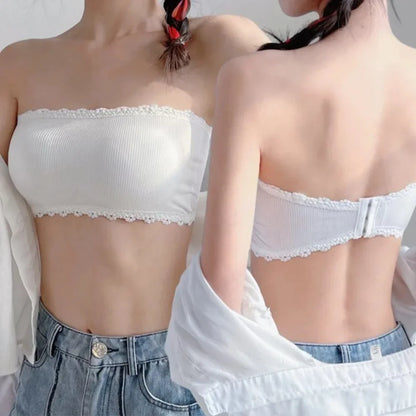 Sweet Lace Strapless Bra Non-slip Camisole for Girls Soft Invisible Beautiful Back Shockproof Vest Lingerie Versatile Underwear