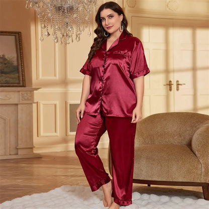 Summer Fashionable Women Silk Sleepwear Set Personalized Satin Casual Thin Loose Tops Long Pants Home Wear