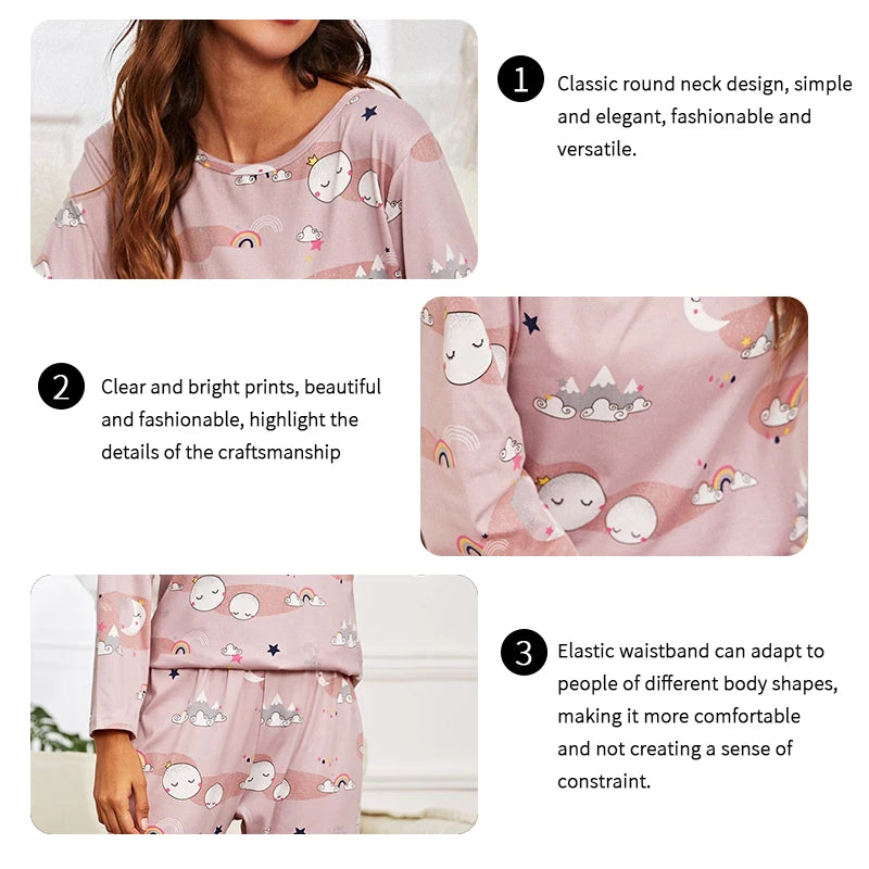 Women Pajama Set Long Sleeve Shirt And Trousers Sleepwear With Eye Mask Soft Loungewear Autumn Nightwear Cartoon Print Pyjamas