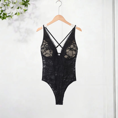 Sexy Lace Halter Bodysuits Women's Slim Sleeveless Waist-cinching Deep V-neck Suits 2026 New Ladies Spring Summer Solid Outwear