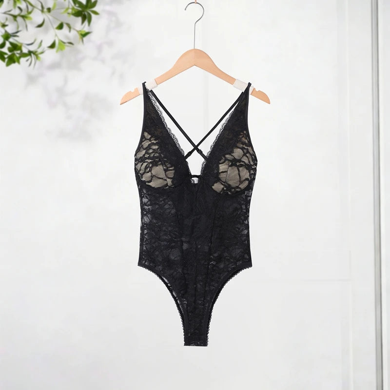 Sexy Lace Halter Bodysuits Women's Slim Sleeveless Waist-cinching Deep V-neck Suits 2026 New Ladies Spring Summer Solid Outwear