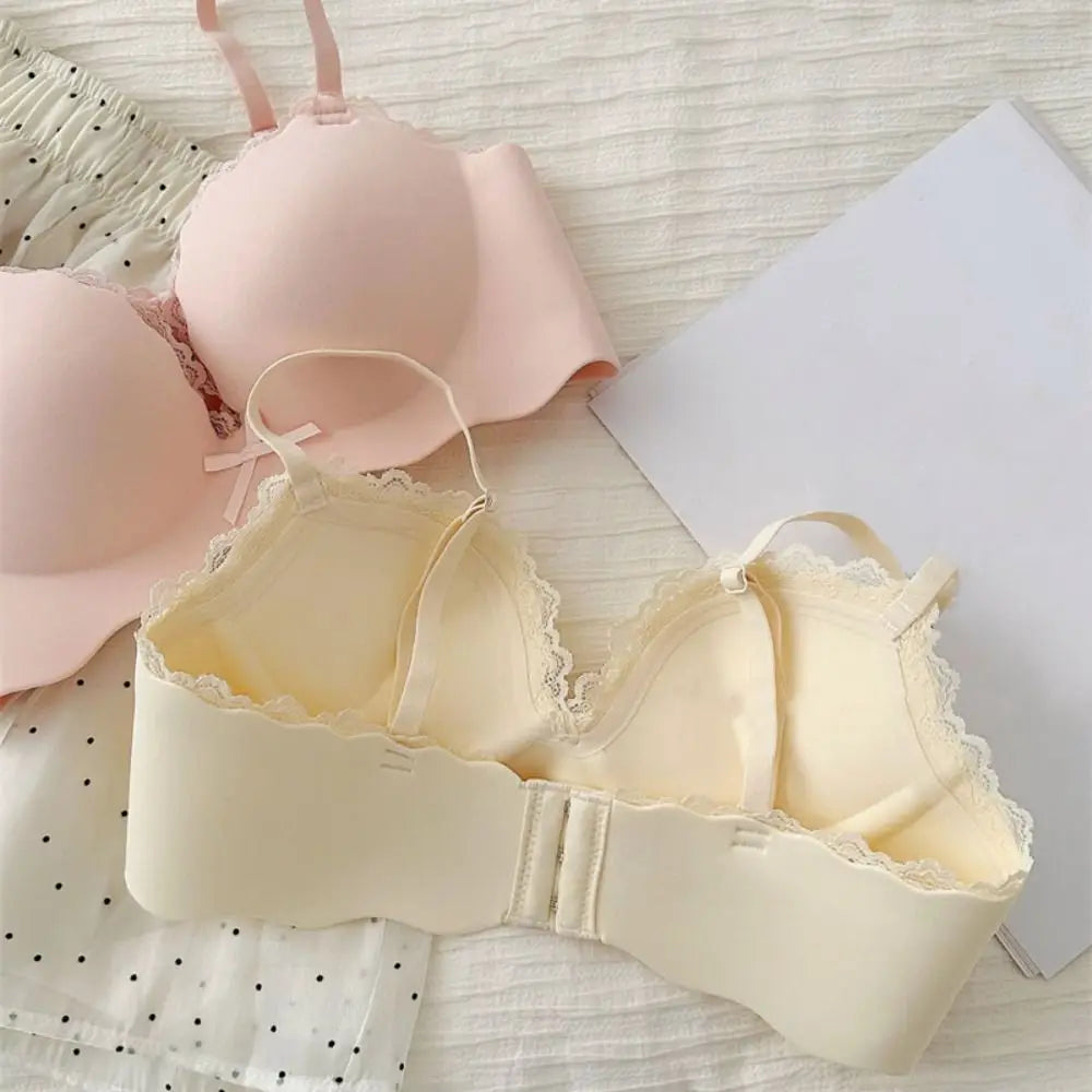 Solid Push Up Wireless Deep V Bra Shockproof Anti-sagging Lace Bowknot Bra Adjustable Lingerie Seamless Bra Girls