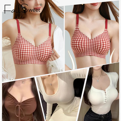 FallSweet Classical Red Plaid Push Up Bra for Women Seamless Wireless Bralette Female Invisible Brassiere Small Breasts Lingerie