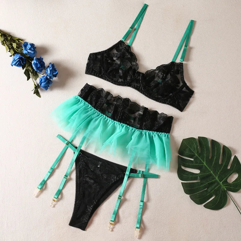 Yimunancy Lace Bra Set Women Transparent Mesh Patchwork Sexy Lingerie Set Floral Garter Brief Underwear Set
