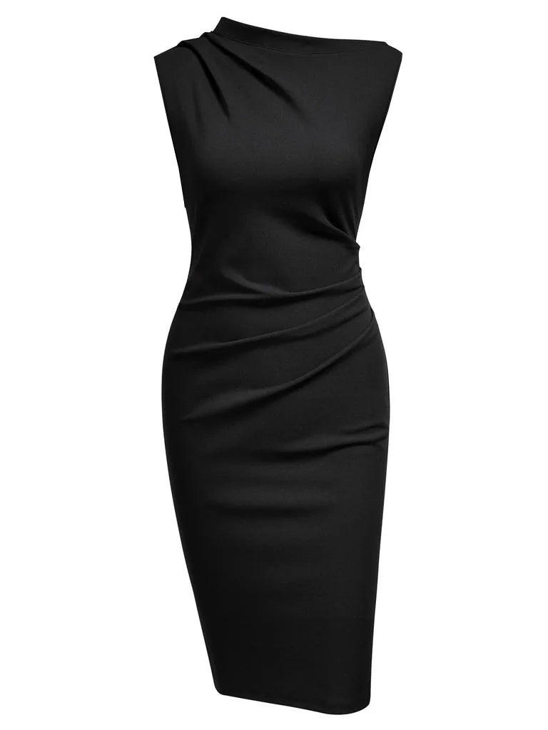 Women Sleeveless Ruched Vintage Slim Work Office Cocktail Party Knee Length Sheath Bodycon Pencil Slim Dress