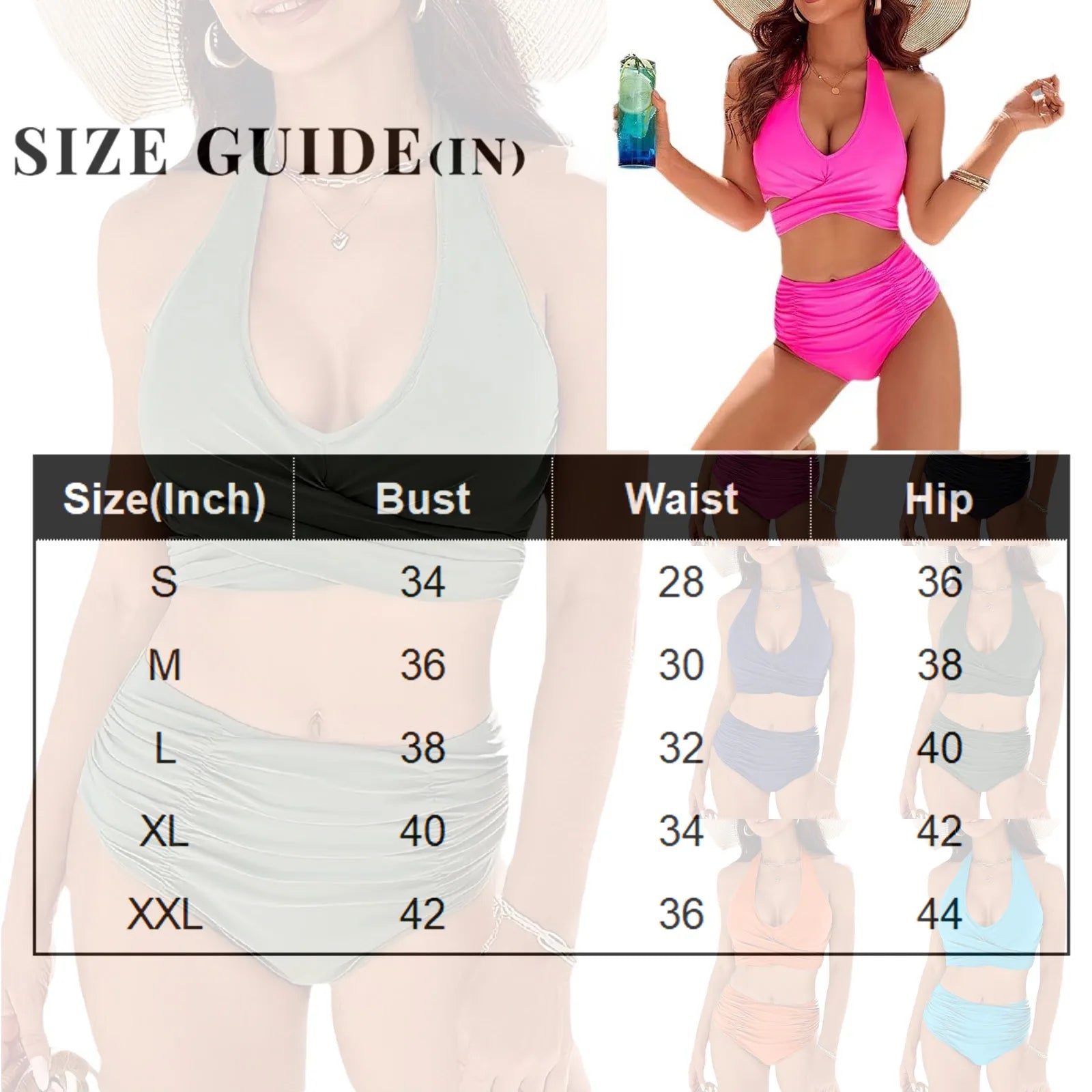 Women Sexy Bikini Summer Halter Neck Twist Front Ruched High Waisted Two Piece Beach Slimming Elegant Swimwear Bathing Suit