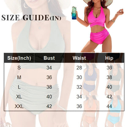 Women Sexy Bikini Summer Halter Neck Twist Front Ruched High Waisted Two Piece Beach Slimming Elegant Swimwear Bathing Suit