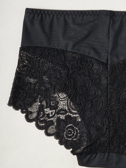 2PCS Black High Waist Women's Underwear Hollow Out Lace Floral Sexy Panties Solid Color Comfortable Briefs Lingerie S-XXL