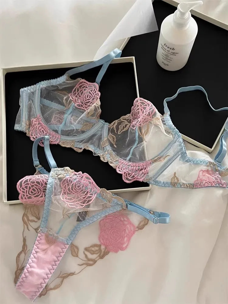 YUQI French Romantic Lace Underwire Minimizer Bra Sexy Sheer Tulle Luxury Lingerie Set Full Bust Support Modern Elegant & Women