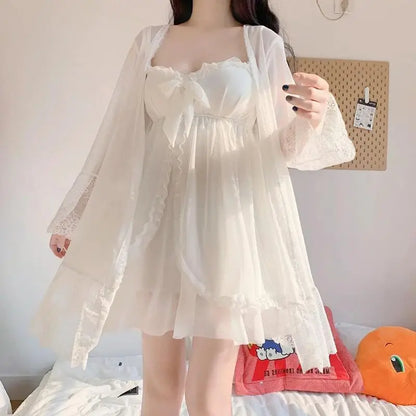 Elegant Sweet Simple Solid White Women Robe Gown Sets Chic Lace Bow Mesh  Sleepwear Breathable Slim Nightdress
