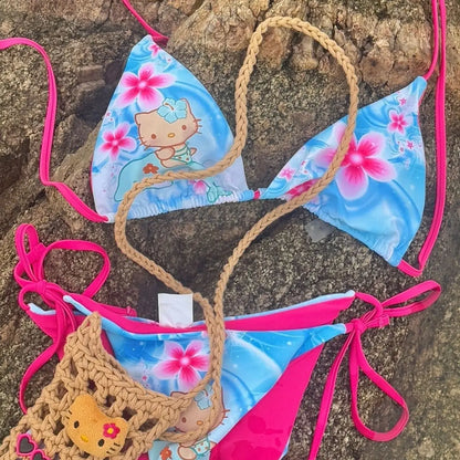 Kawaii Japanese Kitty Hot Girl Split Strap Summer Bikini Girls Seaside Fashion Resort Swimsuit Leopard Print Cartoon Hello Kitty