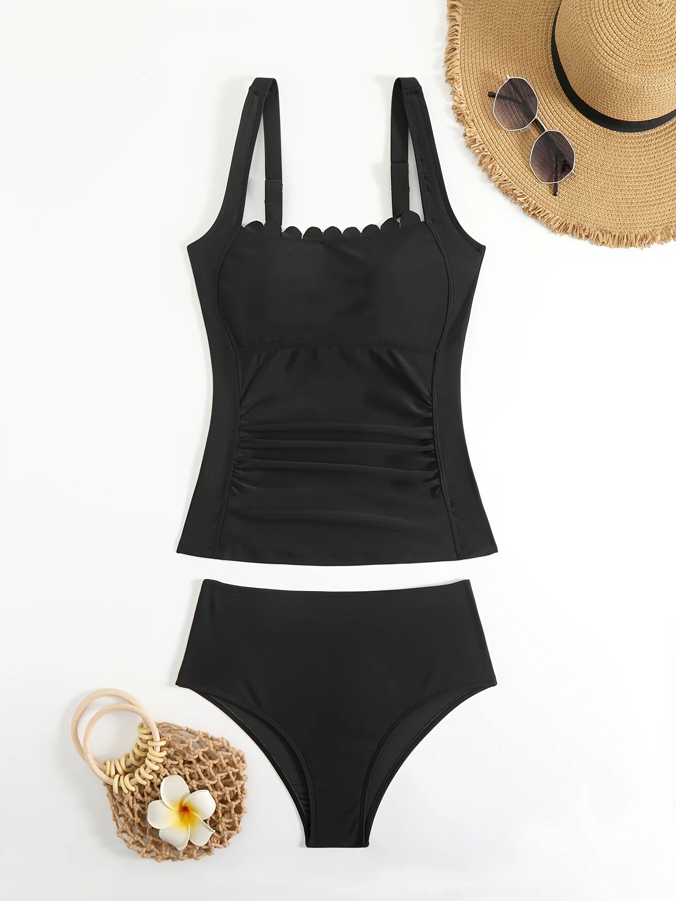 Black Modest Two-Piece Swimsuit for Women Tummy Control Slimming Swimsuit with Ruffled Neckline and Straps Summer Beach Swimwear