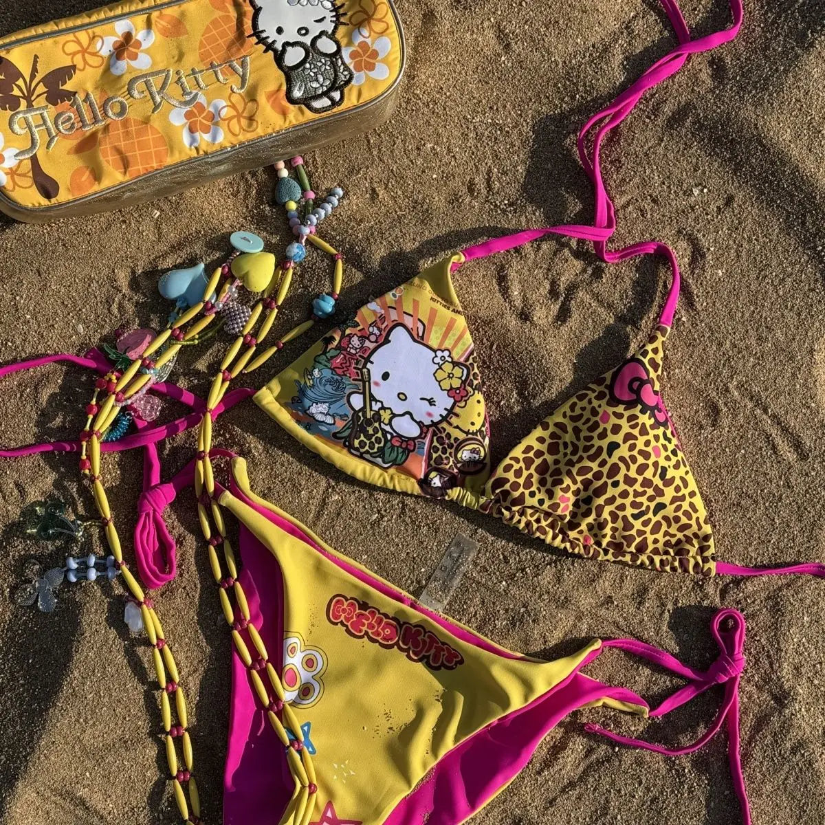 Kawaii Japanese Kitty Hot Girl Split Strap Summer Bikini Girls Seaside Fashion Resort Swimsuit Leopard Print Cartoon Hello Kitty