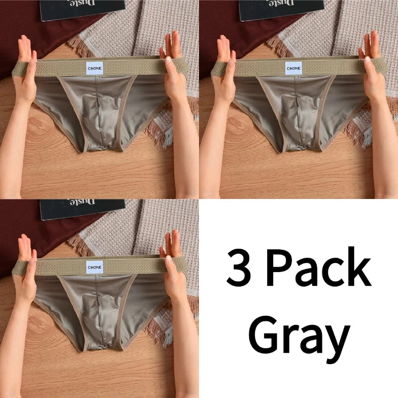 3pcs【LORIEN CREST】Luxury Men's Satin-like Ice Silk Briefs High Elastic Ultra Soft Breathable Antibacterial Comfortable Underwear