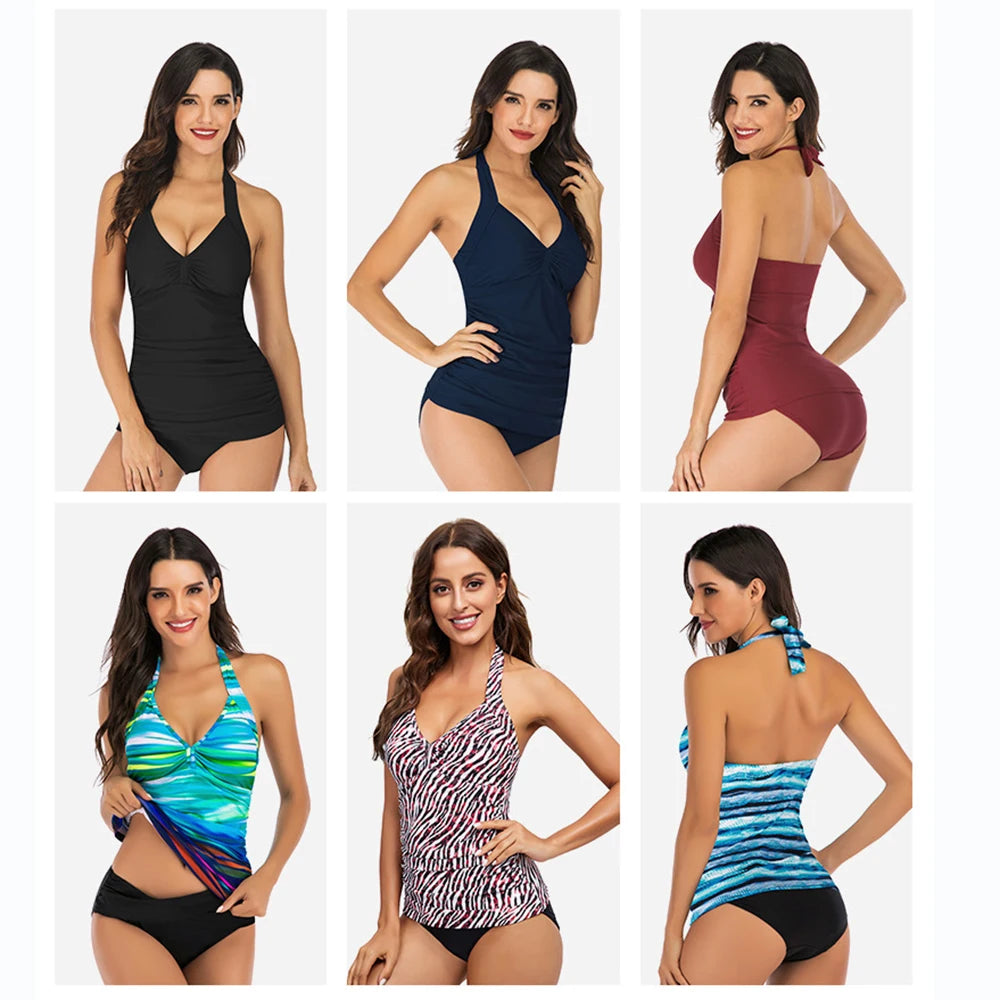 Aoylisey Women Deep V Neck Adjustable Halter Bikini Set Swimsuit Tummy Control Ruched Removable Pads Print Monokini Beachwear