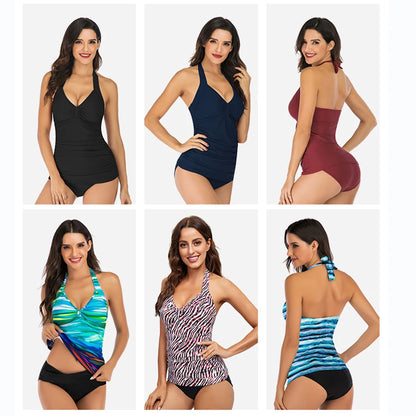 Aoylisey Women Deep V Neck Adjustable Halter Bikini Set Swimsuit Tummy Control Ruched Removable Pads Print Monokini Beachwear