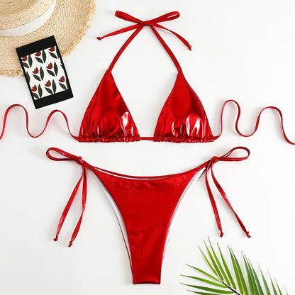 sexy metallic string halter micro mini bikini sets two pieces 2024 women thong swimsuit female bathing suit swimwear biquini