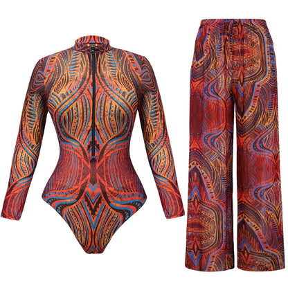 2025 Mesh Swimsuit with Long Sleeves Sexy One Piece Slimming Bathing Suit with Skirt & Long Pants Bodysuit Smart Beach Clothes