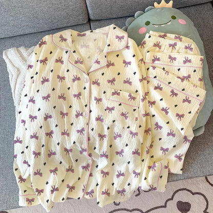 Pink Bow Tie Design Pajamas for Women Long Sleeve Top & Elastic Waist Pants Pajamas Set Harajuku Style Casual New Home Wear