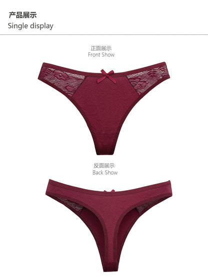 Moonflame 5Pcs Women Cotton Lace Thongs Sexy Low Waist Panties Solid Comfort Underwear Solid Breathable G-String Soft Lingerie