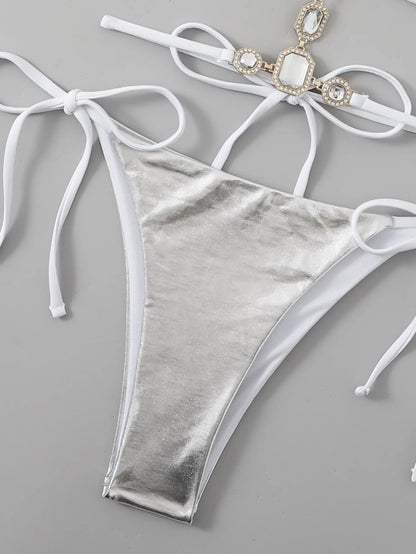 sexy metallic silver halter tie bikinis sets two pieces women thong bandage swimsuit female bathing suit swimwear biquini