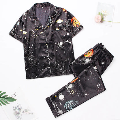 Women‘s Striped Printed Silk Satin Pajamas Summer Nightwear Trouser Suits Satin Set Woman 2 Pieces Short Sleeve Sleep Tops Night