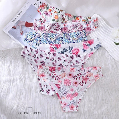 Ice Silk Seamless Flowers Panty Printed Women Panties Low-waist Sexy Lingerie Underwear Female Comfortable Cozy Sexy Lingerie