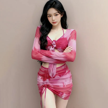 Pure Desire Women's Bikini Swimsuit Set Conservative Slimming Small Chest Gathered Holiday Swimwear Four-Piece Ensemble
