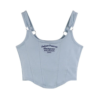 Female Women Print Sleeveless Crop Top Tank Tops Sexy Vest Letters Solid Short Women's T-shirt Camisole Crop Top with Bra Pad
