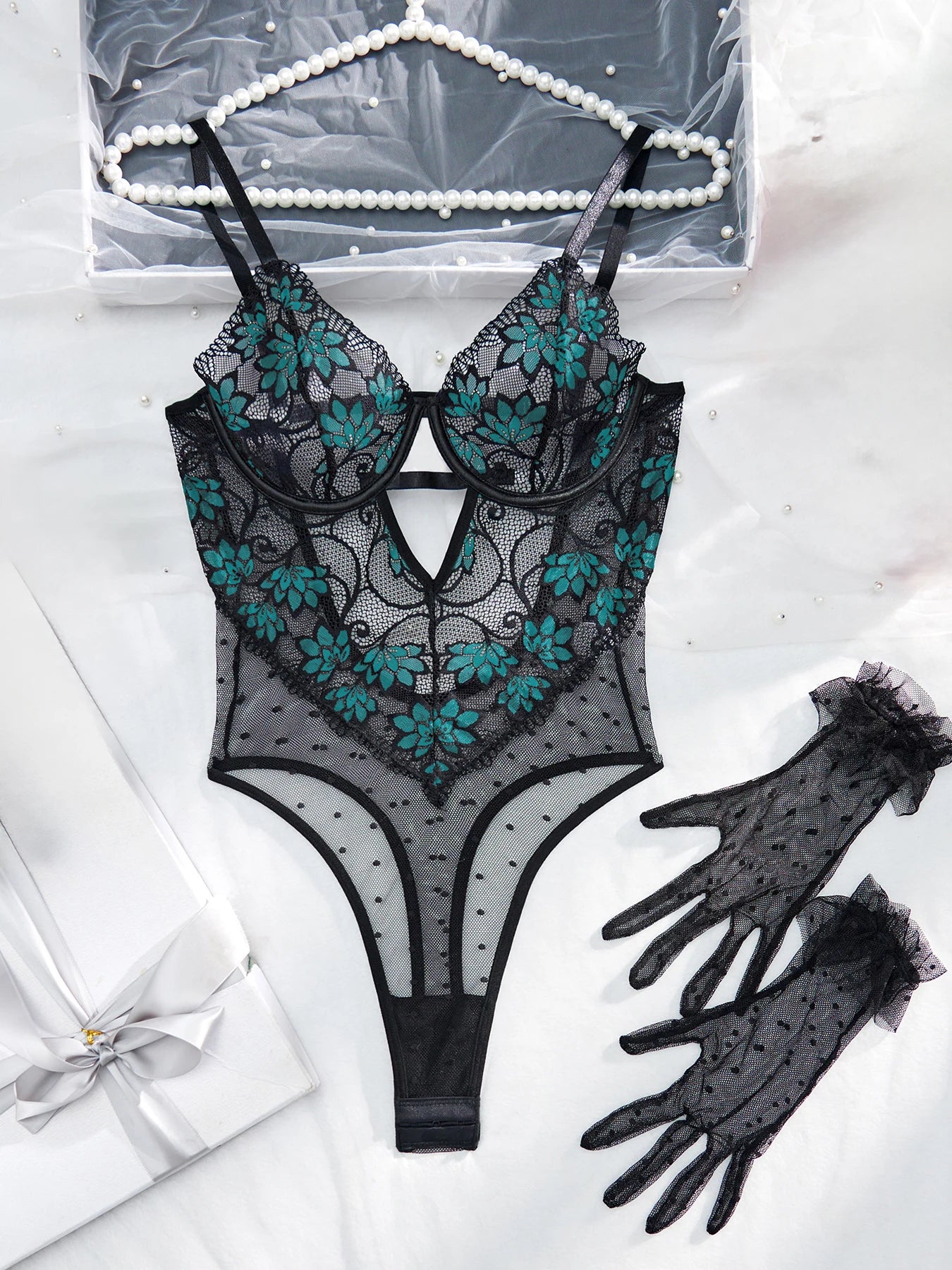 Diccvicc Elegant Women's Body with Gloves See Through Floral Lace Sexy Bodysuit Lingerie Intimate Underwear Set Female Clothing