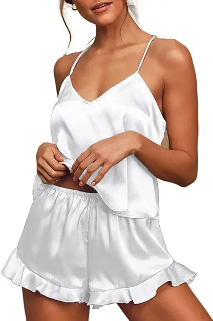Sexy Silk Satin Pajama Set for Women – V-Neck Cami Top and Ruffled Shorts Bridal Lingerie, Perfect for Nightwear