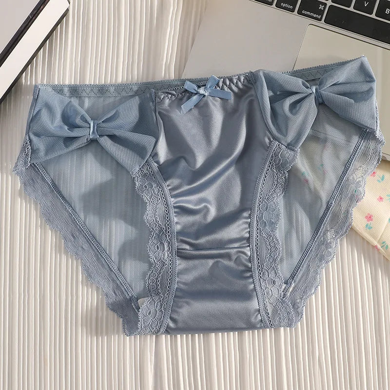 Women Sexy Satin Lace Mesh Transparent Bow Underwear Cute Lovely Sweety Princess Panties Ruffles Breathable Elasticity Breifs