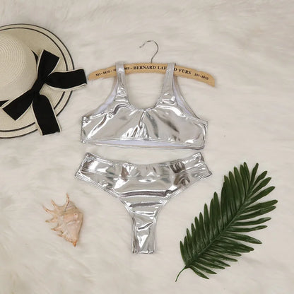 Sexy Triangle Push Up Bikini Metallic Brazilian Swimwear Women Golden Silver Side String Bikini Bathing Suit Beach Wear Biquini