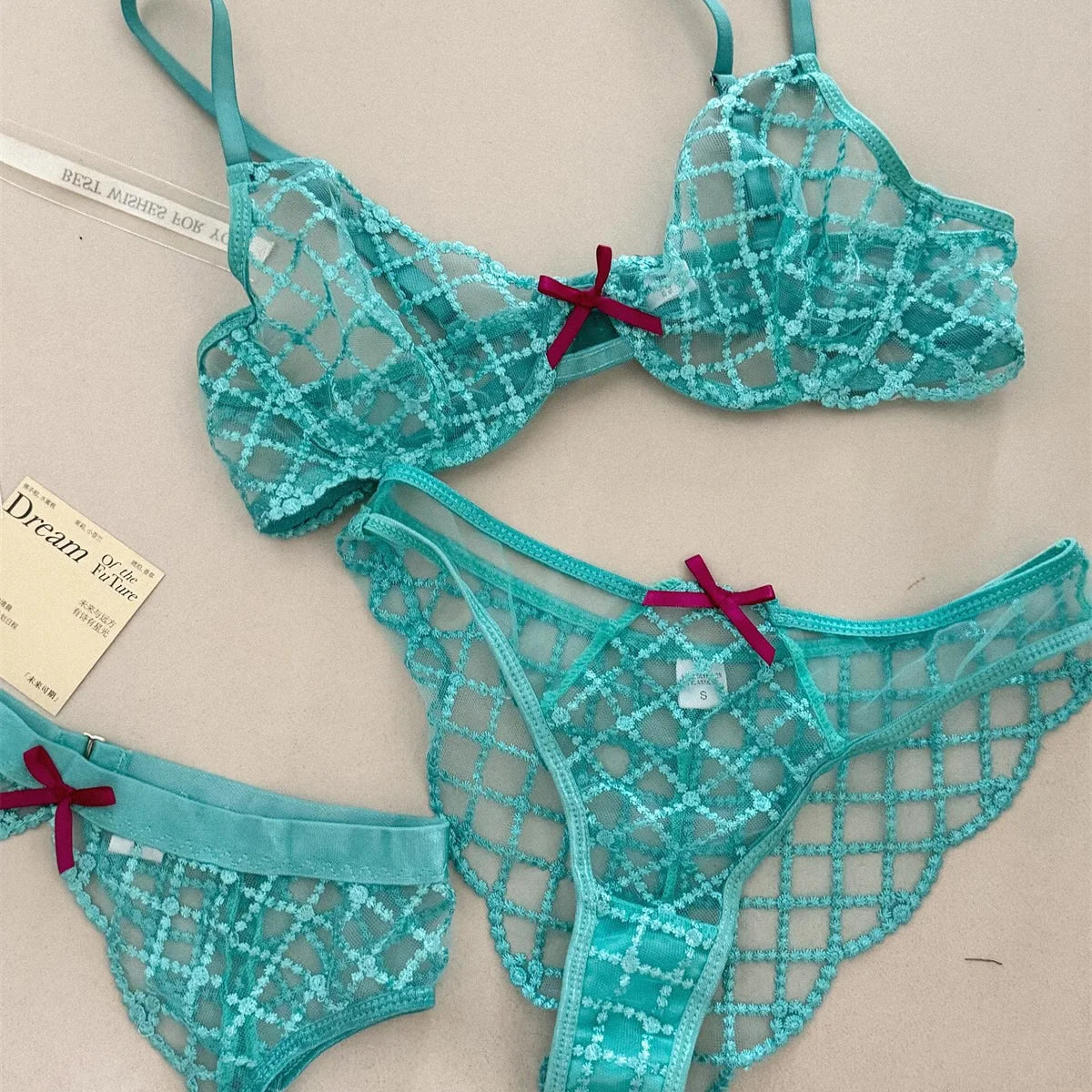 Bra + Panties + Garter, Lace Ultrathin Transparent Push Up Women Sexy Sleep Underwear Sets Lattice Push Up Young Girls Blue