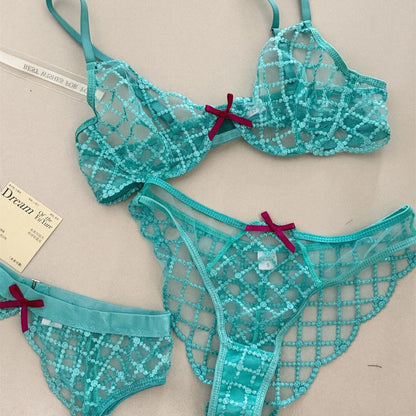 Bra + Panties + Garter, Lace Ultrathin Transparent Push Up Women Sexy Sleep Underwear Sets Lattice Push Up Young Girls Blue