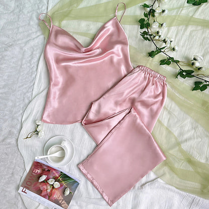 Solid Satin Pajama Set Draped Collar Cami Top Elastic Waistband Pants Women's Sleepwear Loungewear