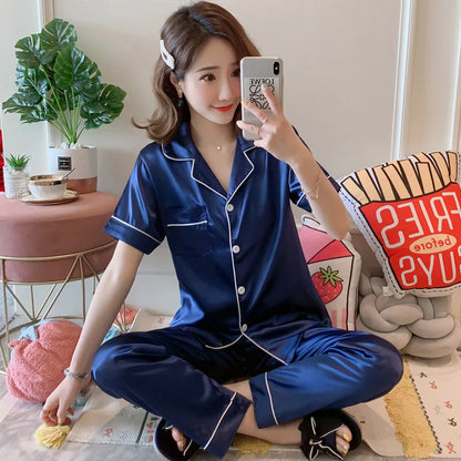 Womens Silk Satin Pajamas Pyjamas Set Long Sleeve Sleepwear Pijama Pajamas Suit Female Sleep Two Piece Set Loungewear Plus Size